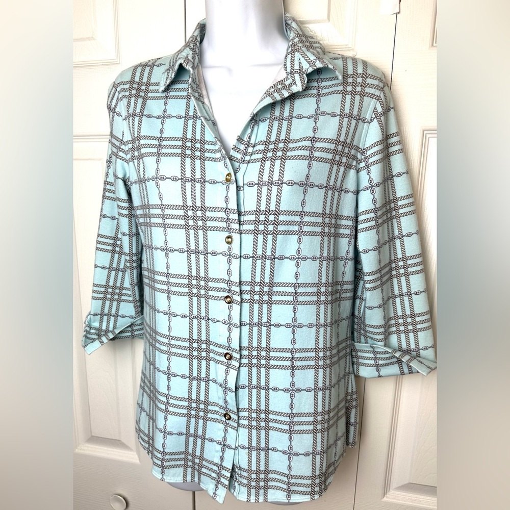 FOXCROFT Pale Blue Knit Button Down Shirt Top Blouse Chain Rope Pattern Nautical